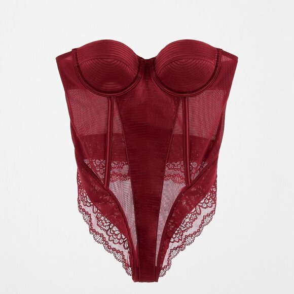 New Zara Padded Underwire Lingerie Red Satin Bodysuit Size 34B - Picture 5 of 17
